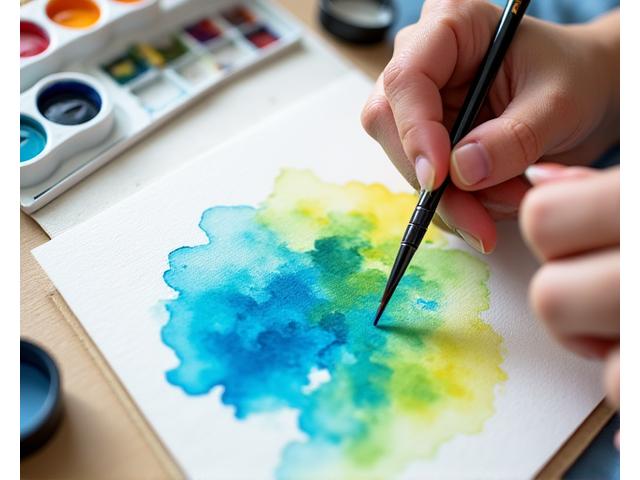 Démonstration d'aquarelle sur papier avec pinceau et couleurs vives.