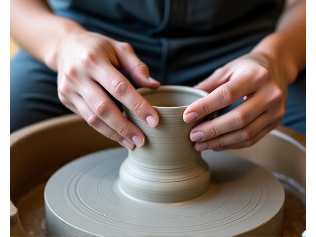 Mains façonnant de l'argile sur une roue de potier.