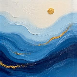 Petit tableau abstrait, tons bleus et or