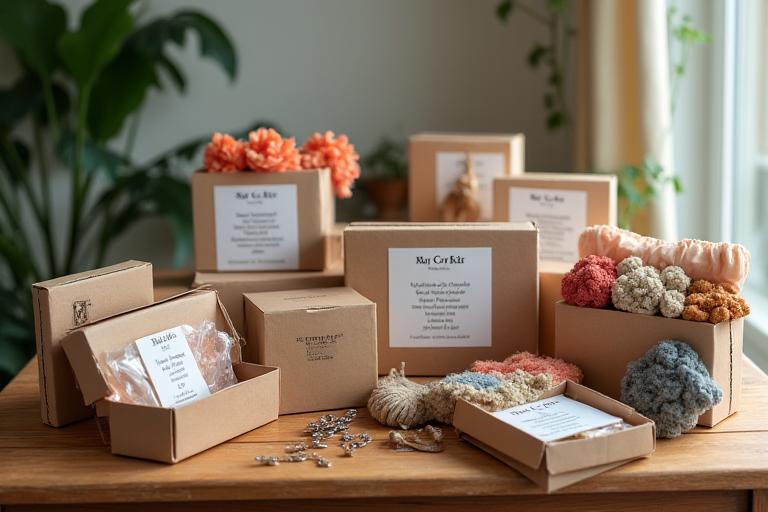 Kits DIY d'artisanat variés posés sur une table en bois.