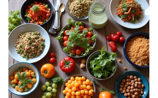 Table dressée avec des plats sains et colorés lors d'une retraite